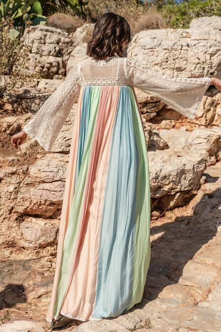 Shop_Shruti Sancheti_Multi Color Silk Mulmul And Net Embroidered & Panel Pleated Dress  _at_Aza_Fashions