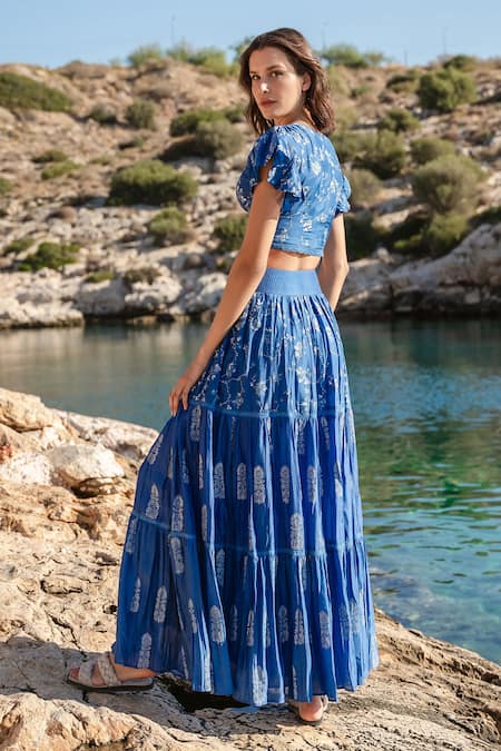 Shruti Sancheti_Blue Silk Mulmul Floral Print And Crochet Lace Work Tiered Skirt & Top Set _Online_at_Aza_Fashions