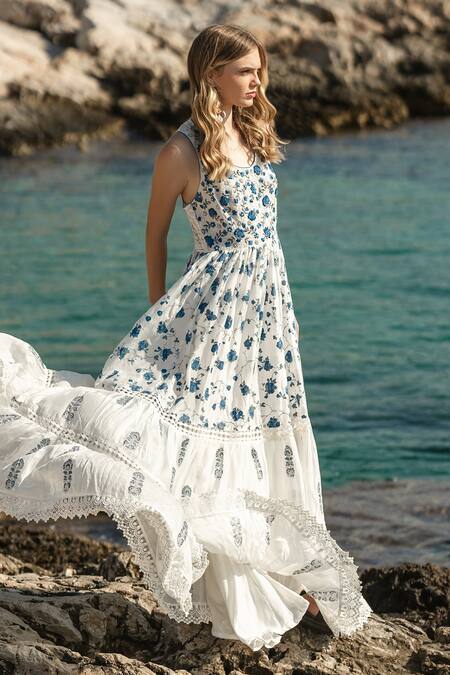 Buy_Shruti Sancheti_White Silk Mulmul, 100% Cotton Floral Print, Thread, Bead And Crochet Tiered Dress _Online_at_Aza_Fashions