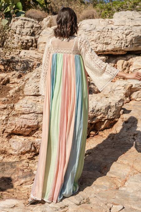 Shruti Sancheti_Multi Color Silk Mulmul And Net Embroidered & Panel Pleated Dress  _Online_at_Aza_Fashions