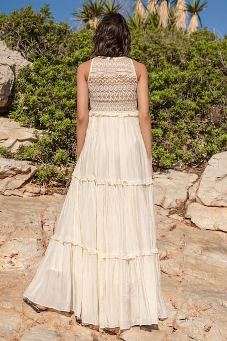 Shop_Shruti Sancheti_Off White Silk Mulmul And Net Floral Print, Thread, Bead Embroidered Tiered Dress _at_Aza_Fashions