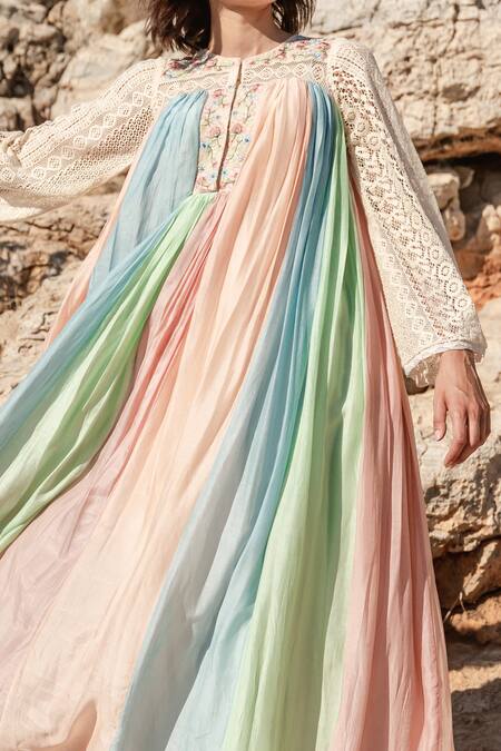 Buy_Shruti Sancheti_Multi Color Silk Mulmul And Net Embroidered & Panel Pleated Dress  _Online_at_Aza_Fashions