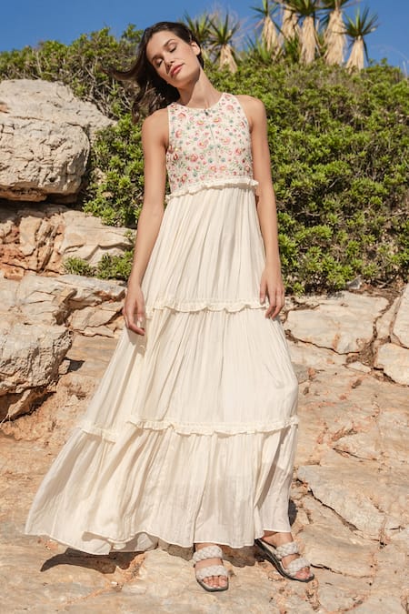 Shruti Sancheti_Off White Silk Mulmul And Net Floral Print, Thread, Bead Embroidered Tiered Dress _Online_at_Aza_Fashions