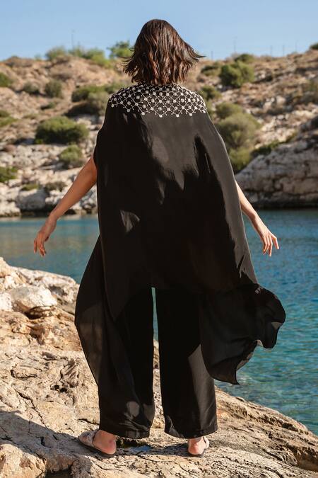 Shop Shruti Sancheti Black Crepe Sequin, Bead And Cutdana Work Cape V Neck Embroidered Pant Set at Aza Fashions Shop_Shruti Sancheti_Black Crepe Sequin, Bead And Cutdana Work Cape V Neck Embroidered Pant Set _at_Aza_Fashions
