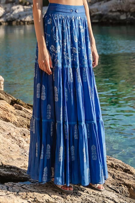 Shruti Sancheti_Blue Silk Mulmul Floral Print And Crochet Lace Work Tiered Skirt & Top Set _at_Aza_Fashions
