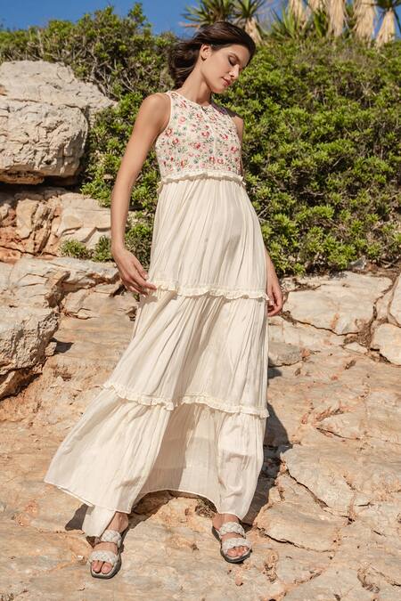 Buy_Shruti Sancheti_Off White Silk Mulmul And Net Floral Print, Thread, Bead Embroidered Tiered Dress _Online_at_Aza_Fashions