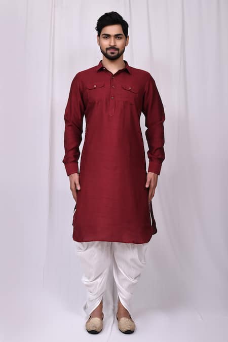 Buy Maroon Art Silk Plain Pathani Kurta And Dhoti Pant Set For Men