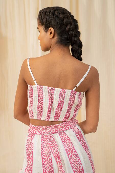 Shop_Label Reyya_White Rayon Lurex Floral Panel Print And Sequin Work Jacket Tiered Pant Set_Online_at_Aza_Fashions