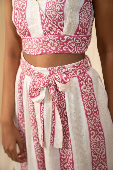 Label Reyya_White Rayon Lurex Floral Panel Print And Sequin Work Jacket Tiered Pant Set_at_Aza_Fashions