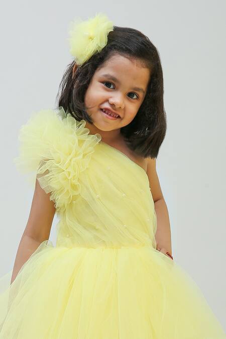 Puddles_Yellow Net One Shoulder Ruffle Dress _Online_at_Aza_Fashions