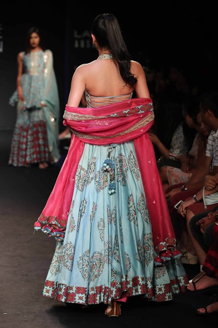 Shop_Punit Balana_Blue Chanderi Cutdana, Sequins Round Lehenga Skirt With Blouse And Dupatta _at_Aza_Fashions