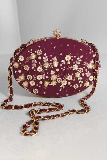 Mandira Wirk_Purple Beads, Sequins Floral Embellised Oval Clutch _Online_at_Aza_Fashions