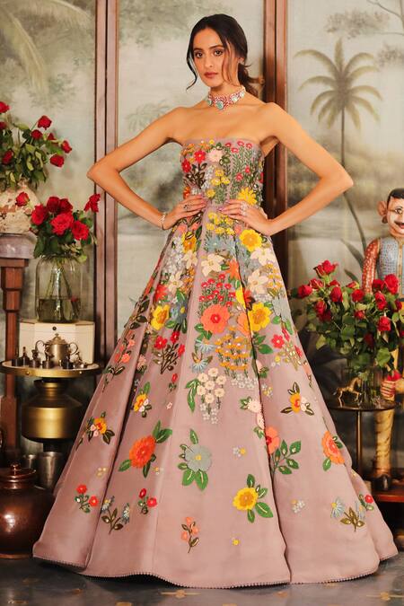 Sahil Kochhar_Purple Organza Bead , Sequins, 3d Applique Straight Across Pushp Gown _Online_at_Aza_Fashions