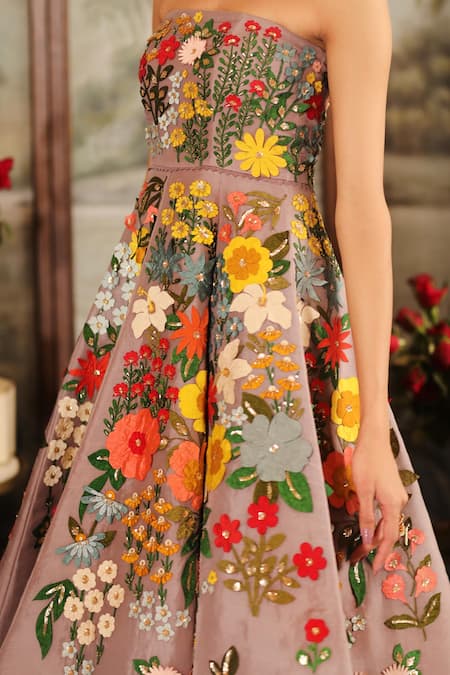 Shop_Sahil Kochhar_Purple Organza Bead , Sequins, 3d Applique Straight Across Pushp Gown _Online_at_Aza_Fashions