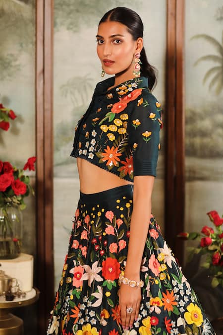 Shop Sahil Kochhar Blue Dupion Silk Bead , Sequins, 3d Applique Pushpam Choli And Lehenga at Aza Fashions Shop_Sahil Kochhar_Blue Dupion Silk Bead , Sequins, 3d Applique Pushpam Choli And Lehenga_at_Aza_Fashions