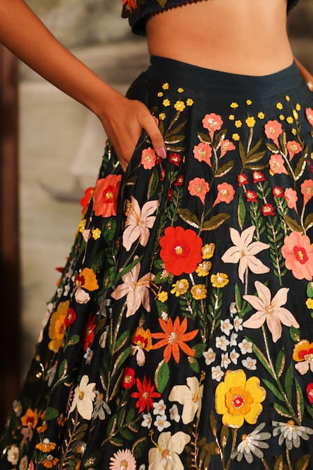 Sahil Kochhar Blue Dupion Silk Bead , Sequins, 3d Applique Pushpam Choli And Lehenga Online at Aza Fashions Sahil Kochhar_Blue Dupion Silk Bead , Sequins, 3d Applique Pushpam Choli And Lehenga_Online_at_Aza_Fashions