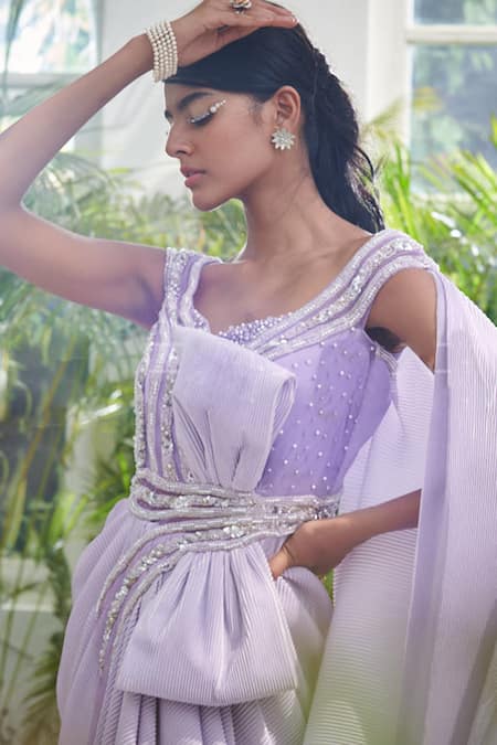 Buy_Kamaali Couture_Purple Crinkle Satin Embellished Structured Bow Draped Saree Gown  _Online_at_Aza_Fashions