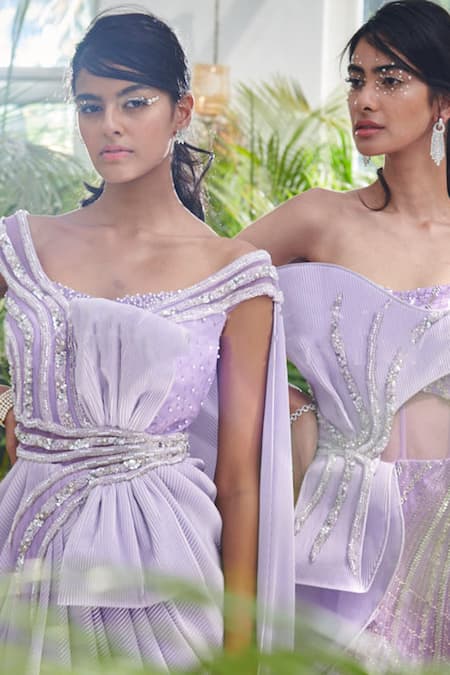 Kamaali Couture_Purple Crinkle Satin Embellished Structured Bow Draped Saree Gown  _at_Aza_Fashions