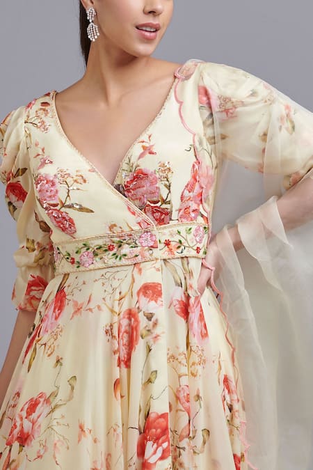 Parul | Vivek_Yellow Dupatta- Organza, Kurta- Georgette, Lining- Floral Print And Set _Online_at_Aza_Fashions