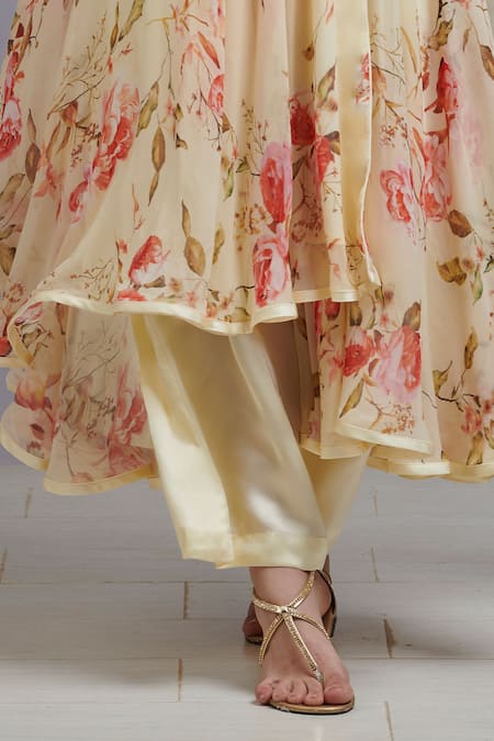 Buy_Parul | Vivek_Yellow Dupatta- Organza, Kurta- Georgette, Lining- Floral Print And Set _Online_at_Aza_Fashions