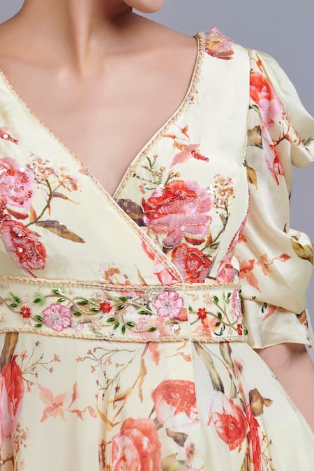 Shop_Parul | Vivek_Yellow Dupatta- Organza, Kurta- Georgette, Lining- Floral Print And Set _Online_at_Aza_Fashions