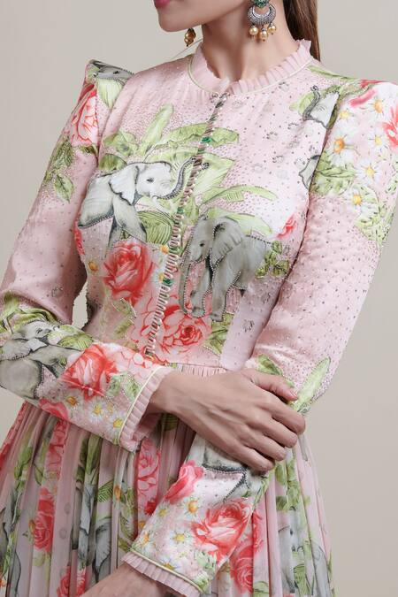 Buy_Parul | Vivek_Pink Anarkali- Georgette, Dupatta- Organza, Lining- Shantoon, Floral Print Set _Online_at_Aza_Fashions