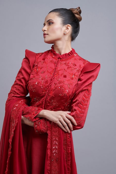 Parul | Vivek_Red Anarkali And Dupatta- Georgette, Lining- Shantoon, Pant- Embellished Set _Online_at_Aza_Fashions
