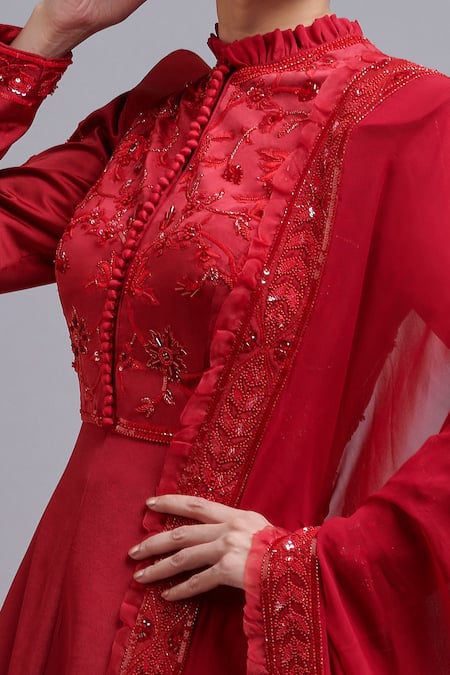 Buy_Parul | Vivek_Red Anarkali And Dupatta- Georgette, Lining- Shantoon, Pant- Embellished Set _Online_at_Aza_Fashions