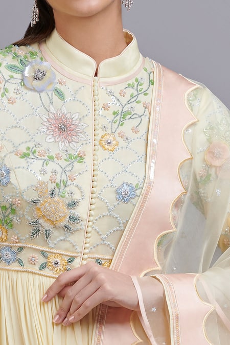 Parul | Vivek_Yellow Anarkali- Georgette, Dupatta- Organza, Lining- Shantoon, Embellished Set _Online_at_Aza_Fashions