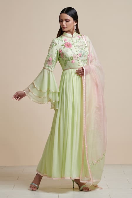 Parul | Vivek Green Anarkali- Georgette And Crepe, Dupatta- Organza, Lining- Embellished Set 