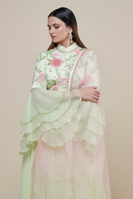 Parul | Vivek_Green Anarkali- Georgette And Crepe, Dupatta- Organza, Lining- Embellished Set _Online_at_Aza_Fashions