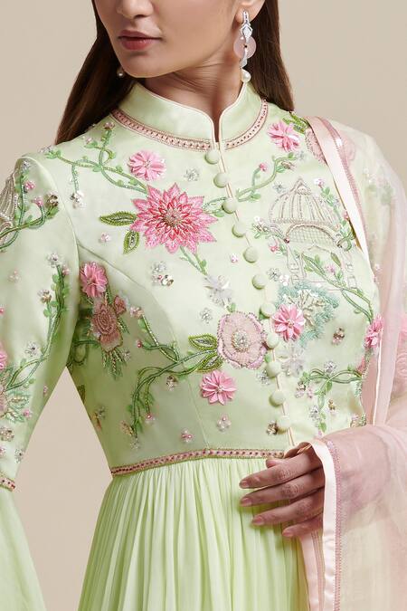 Buy_Parul | Vivek_Green Anarkali- Georgette And Crepe, Dupatta- Organza, Lining- Embellished Set _Online_at_Aza_Fashions