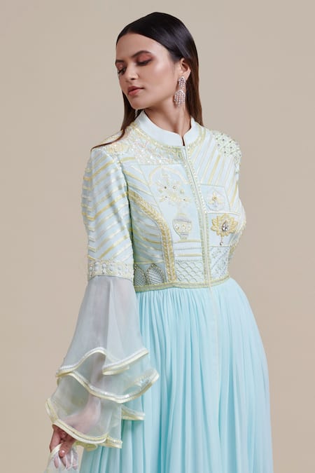 Parul | Vivek Blue Anarkali- Georgette And Crepe, Dupatta- Organza, Lining- Embellished Set Online at Aza Fashions Parul | Vivek_Blue Anarkali- Georgette And Crepe, Dupatta- Organza, Lining- Embellished Set _Online_at_Aza_Fashions