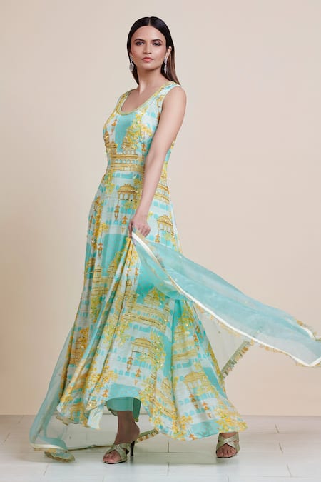 Shop Parul | Vivek Blue Anarkali And Pant- Crepe, Dupatta- Organza, Lining- Shantoon Printed Set at Aza Fashions Shop_Parul | Vivek_Blue Anarkali And Pant- Crepe, Dupatta- Organza, Lining- Shantoon Printed Set _at_Aza_Fashions