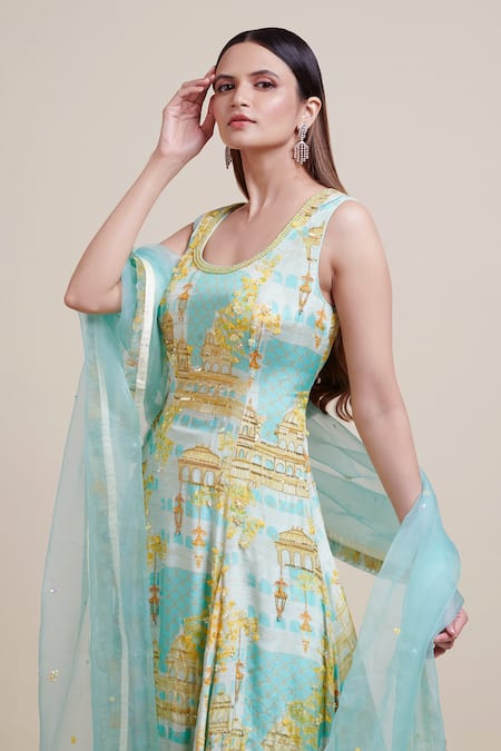 Parul | Vivek Blue Anarkali And Pant- Crepe, Dupatta- Organza, Lining- Shantoon Printed Set Online at Aza Fashions Parul | Vivek_Blue Anarkali And Pant- Crepe, Dupatta- Organza, Lining- Shantoon Printed Set _Online_at_Aza_Fashions