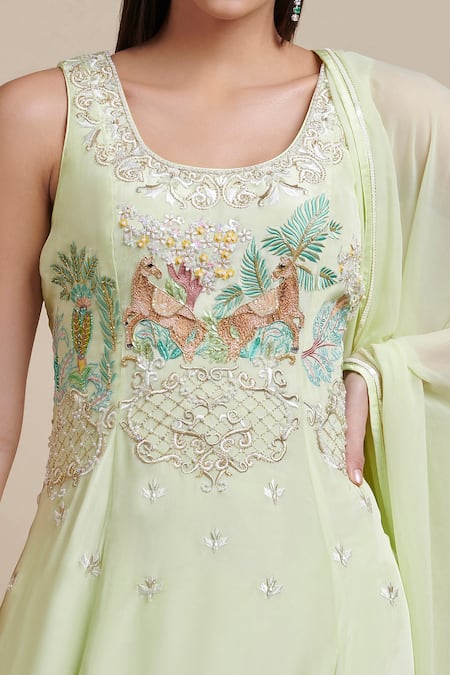 Parul | Vivek_Green Anarkali- Crepe, Dupatta- Organza, Lining- Shantoon, Embellished Set _Online_at_Aza_Fashions