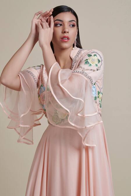 Parul | Vivek Pink Dupatta- Organza, Kurta- Georgette, Lining- Embroidered And Flared Set Online at Aza Fashions Parul | Vivek_Pink Dupatta- Organza, Kurta- Georgette, Lining- Embroidered And Flared Set _Online_at_Aza_Fashions