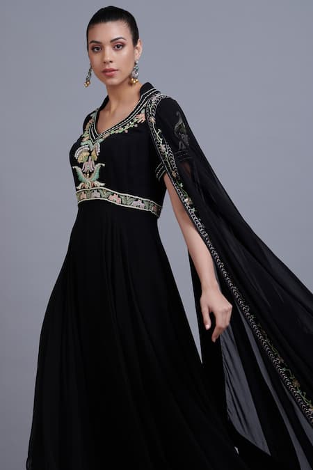 Shop_Parul | Vivek_Black Anarkali And Dupatta- Georgette Embroidery Leaf Embellished Set  _at_Aza_Fashions
