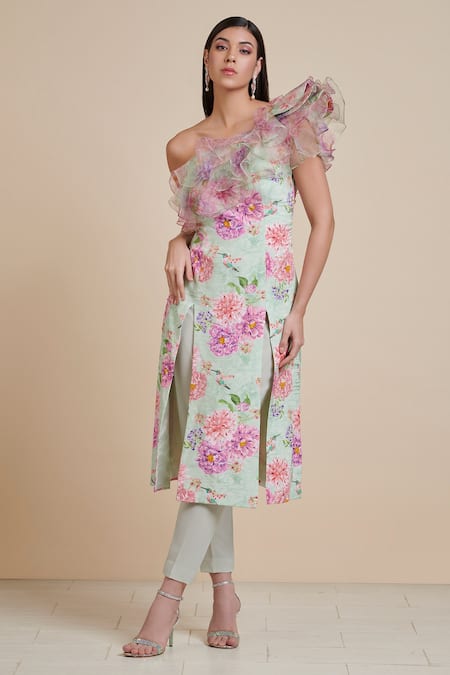 Parul | Vivek Green Kurta- Crepe And Organza, Lining- Shantoon, Pant- Moss Floral Print & Set 