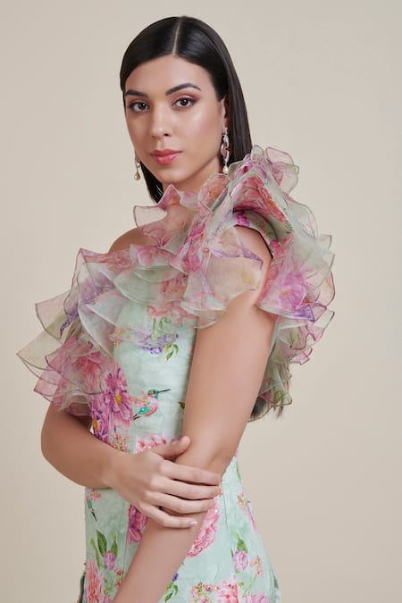 Parul | Vivek_Green Kurta- Crepe And Organza, Lining- Shantoon, Pant- Moss Floral Print & Set _Online_at_Aza_Fashions