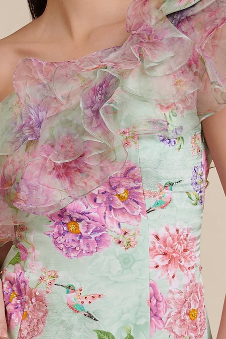 Buy_Parul | Vivek_Green Kurta- Crepe And Organza, Lining- Shantoon, Pant- Moss Floral Print & Set _Online_at_Aza_Fashions