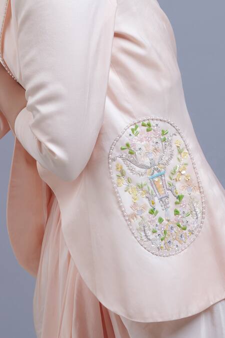 Parul | Vivek Pink Dhoti- , Jacket- Moss Lapel Collar Embellished And Skirt Set Online at Aza Fashions Parul | Vivek_Pink Dhoti- , Jacket- Moss Lapel Collar Embellished And Skirt Set _Online_at_Aza_Fashions