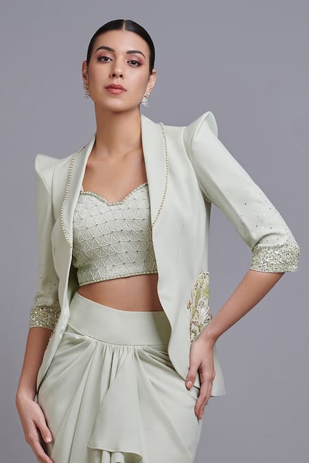 Parul | Vivek Green Dhoti And Crop Top- Crepe, Jacket- Moss Crepe, Embellished & Skirt Set Online at Aza Fashions Parul | Vivek_Green Dhoti And Crop Top- Crepe, Jacket- Moss Crepe, Embellished & Skirt Set _Online_at_Aza_Fashions