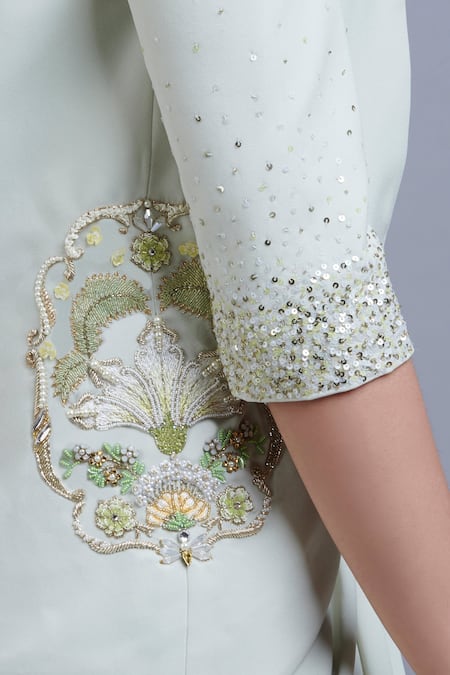 Parul | Vivek Green Dhoti And Crop Top- Crepe, Jacket- Moss Crepe, Embellished & Skirt Set at Aza Fashions Parul | Vivek_Green Dhoti And Crop Top- Crepe, Jacket- Moss Crepe, Embellished & Skirt Set _at_Aza_Fashions