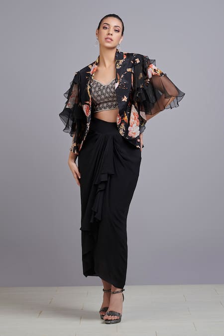 Parul | Vivek Black Crepe And Shantoon Lapel Collar Printed Jacket & Skirt Set 