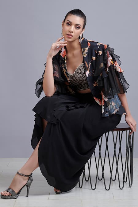 Parul | Vivek_Black Crepe And Shantoon Lapel Collar Printed Jacket & Skirt Set _Online_at_Aza_Fashions