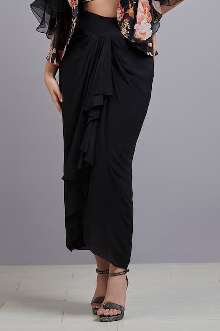 Buy_Parul | Vivek_Black Crepe And Shantoon Lapel Collar Printed Jacket & Skirt Set _Online_at_Aza_Fashions