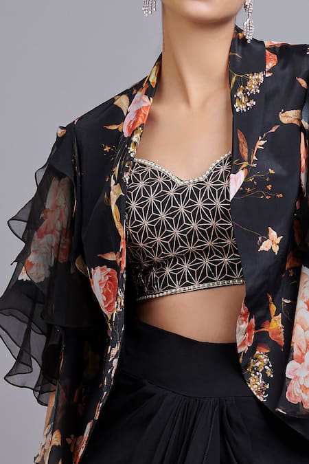 Shop_Parul | Vivek_Black Crepe And Shantoon Lapel Collar Printed Jacket & Skirt Set _Online_at_Aza_Fashions