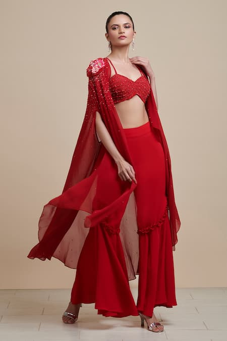 Parul | Vivek Red Georgette And Italian Crepe Sweetheart Neck Embellished Cape & Pant Set 