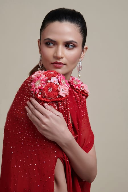 Parul | Vivek Red Georgette And Italian Crepe Sweetheart Neck Embellished Cape & Pant Set Online at Aza Fashions Parul | Vivek_Red Georgette And Italian Crepe Sweetheart Neck Embellished Cape & Pant Set _Online_at_Aza_Fashions